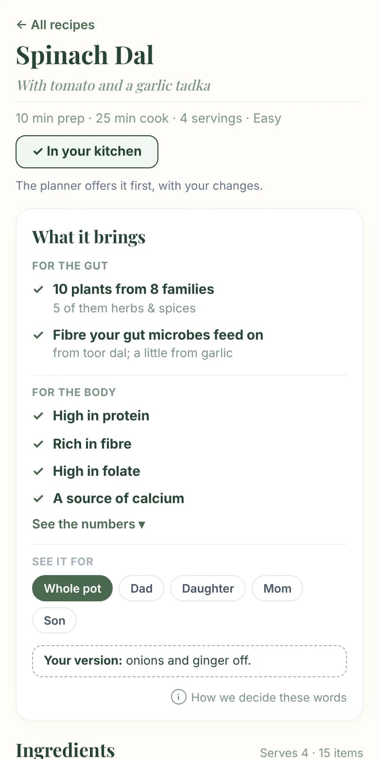 A spinach dal recipe on a phone, showing what it brings for the gut and for the body